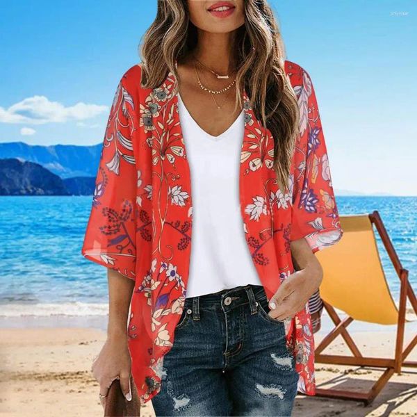 Camisa da praia feminina estampa de flor curta de manga curta