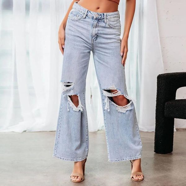 Frauen Jeans Mode für Frauen Knopf hohe Tasche Elastic Loch Hosen Schlanker Fit Hosen Damen Jean Overalls