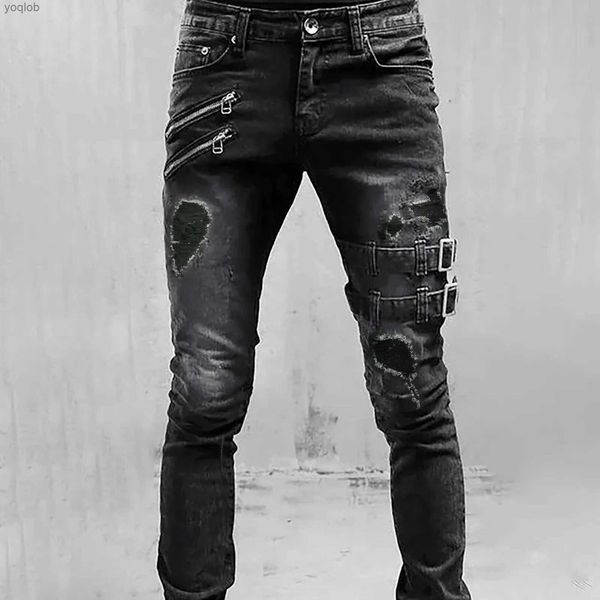 Мужские джинсы Мужчина Слим Fit Mid Rise Straight Negs Crond Torn Geans с на молнии карманы повседневные и модные мужские джинсы Geansl2404