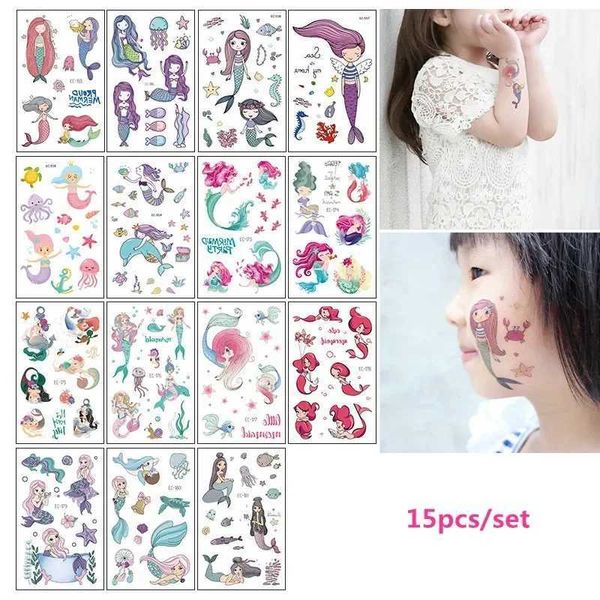 Tattoo Transfer 15 Blätter/Set temporäres Tattoo für Mädchen Jungen Kinder Hai Mermaid Unicorn Wasserdichte gefälschte Tätowierungen für Geburtstagsfeier. 240426