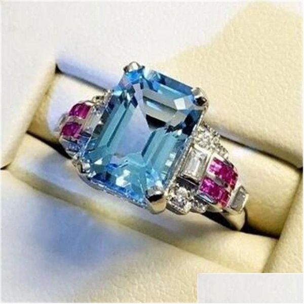 Anelli nuziali taglia 6-10 Top Sell Gioielli di lusso 925 Sterling Sier Aquamarine Cz Diamond Gemsones Ruby Party Women Engagement Band R DHW0H