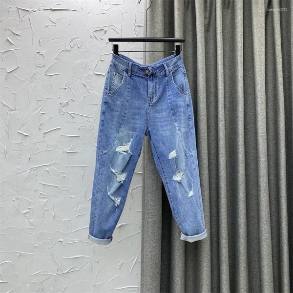 Frauen Jeans zerrissen Harem Hosen Kleidung 2024 Sommer Lose Denim Dark Blue Wash Girls Löcher lässig