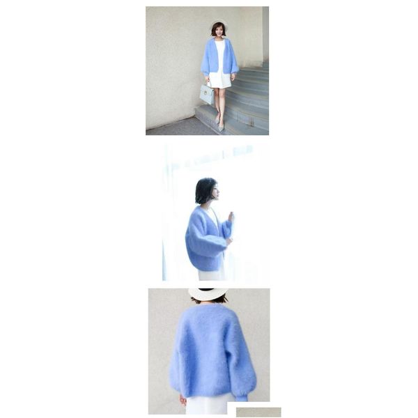 Jackets femininos azul winte feminino de roupa externa Mink Cashmere Warm Soft Cardigan Fashion Aberto Lanterna de manga comprida lã solda Kn dhpfv