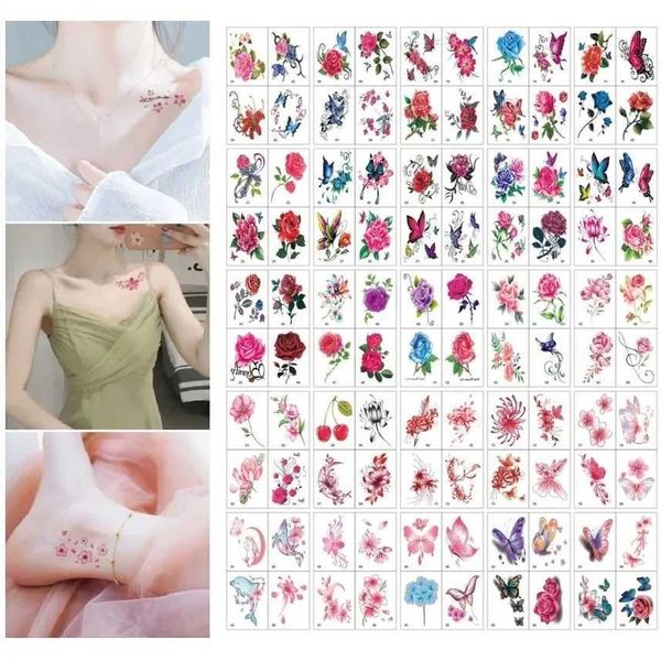 Tattoo Transfer 100pcs/Set Blumen Schmetterling Temporäre Tattoos Keine Wiederholung wasserdichte Körperkunstkunst Concealer Aufkleber Einweg Tatouage Temporaire 240427