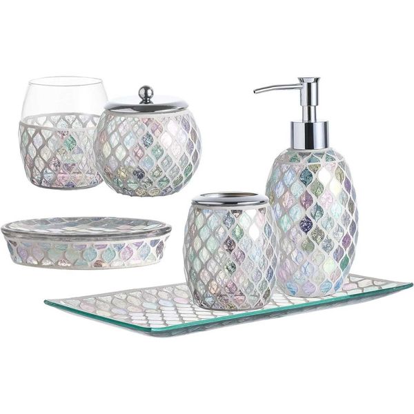 Accessori da bagno a mosaico in vetro a mosaico da 5 pezzi Accessori per bagno in vetro set in stile europeo trasparente porta spazzolino accessori per la toilette di cotone 240426 240426