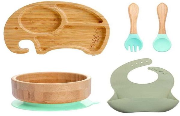 Utensílios de pratos de xícaras 5pcs Conjunto de bebês Bib Bib Bib Spoon Kids Feeding de desenho animado Bamboo Wood NOnsLIP CH6212752