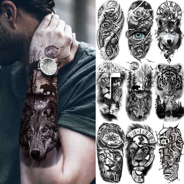 Tatuagem Transferência de tatuagem da floresta negra para homens Mulheres filhos Tigre Lobo Crânio de morte Tatuária Tatuária Fake Henna Skeleton King Animal Tatoo 240426