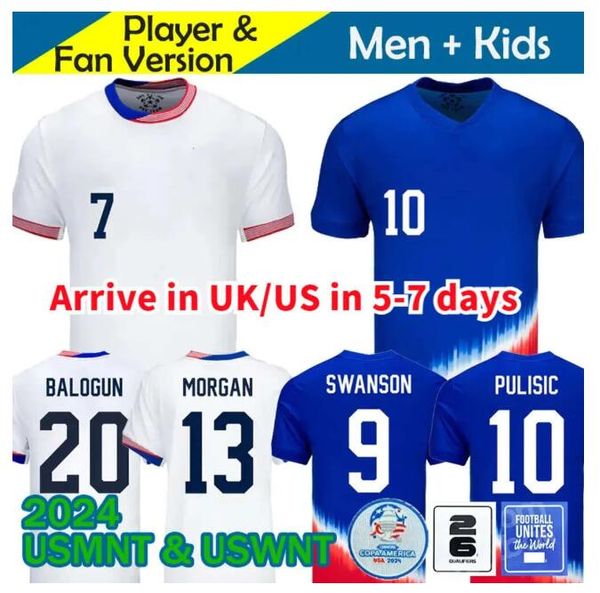 Usas Soccer Trikot 2024 2025 COPA America USWNT Kids Kit USMNT 24/25 Home Away Football Shirt Nationaler Uniform -Spieler Version Pulisic Balogun Smith Morgan