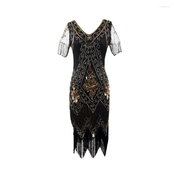 Abiti da festa sequestro da paillettes in rilievo in rilievo art deco vestidos Women 1920 Abito Flapper Abito vintage V Nerfalla manica a farfalla Long Great Gatsby