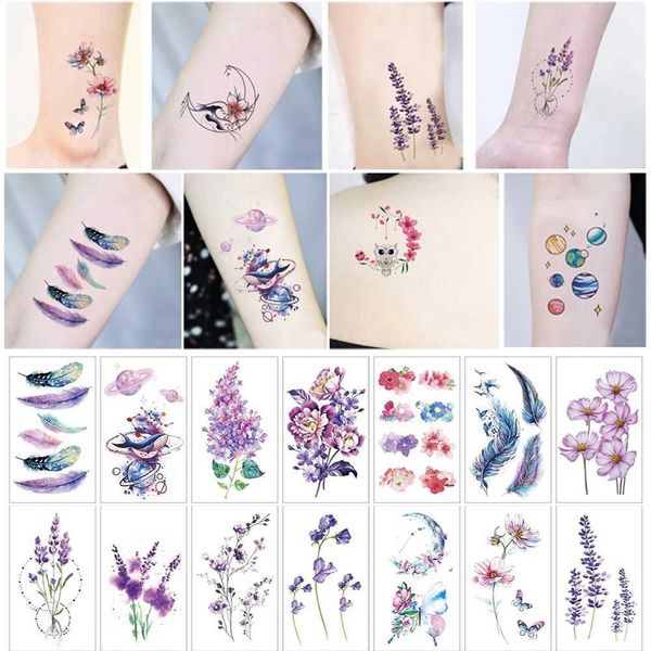 Trasferimento tatuaggio piccolo adesivo da tatuaggio temporaneo impermeabile foglie di fiori colorate pianeta luna femmina body art collo da polso tatuaggi finti uomini 240426