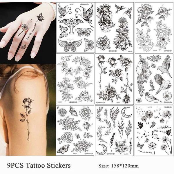 Tattoo Transfer 6/9 PCs Schwarze Blumen Tattoo Aufkleber wasserdichte temporäre Tattoos Frauen Vögel gefälschte Tatoo Körperkunst Einweg Tattoo Schmetterling 240426