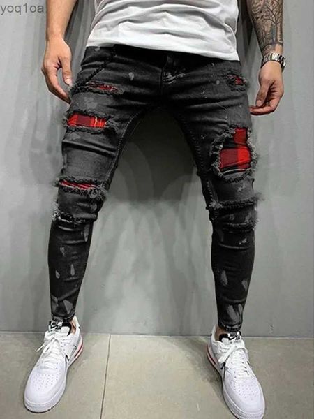 Jeans masculinos masculinos apertados e rasgados jeans de malha de malha de moda magros magros slim fit elástico casual calça lápis pintada de jogging mensl2404