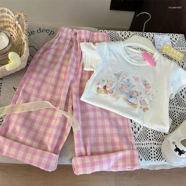 Roupas Conjuntos de Roupas 2pcs Girls Summer Cartoon T-shirt Plaid Print Pants Kids Casual Pullover Roupfits Tees Soft Versátil Daliy 2-8y