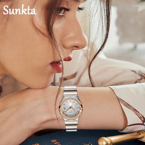 Relógios de pulso da marca Lige Sunkta Lady Watch Diamond Luxury Stainless Steel Band for Women Fashion Moda Elegante Relógio esportivo luminoso à prova d'água