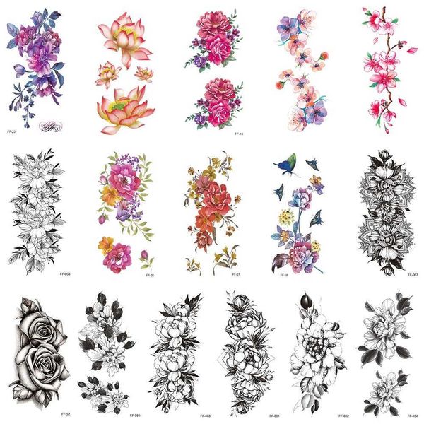 Tattoo Transfer 16pcs/setwaterfest temporär gefälschte Tätowierungen Stickerwater Transfer Decescolored Black White Flower Beauty Sexy Body Art Make -up 240426