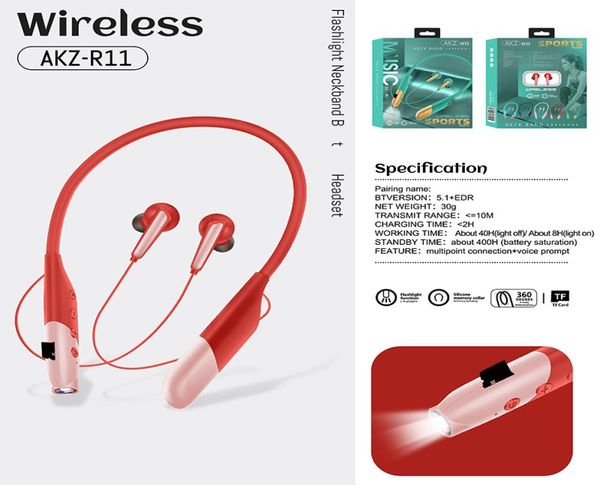 Fones de ouvido Akzr11 com lanterna de lanterna de fone de ouvido esportivos à prova d'água sem fio Earbuds de fita de pescoço magnético4742366