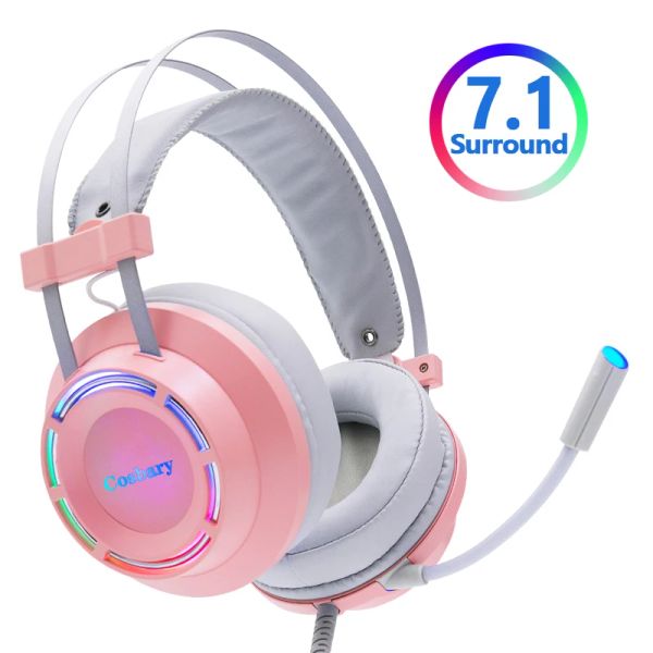 Bags Cosbary Pink Headphones 7.1 fone de ouvido com games com microfones Profissional Gamer Surround Sound RGB Light for PC Computer PS4