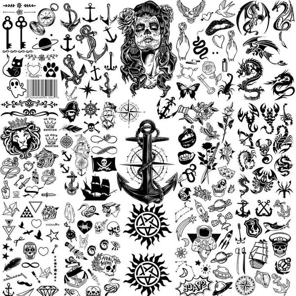 Tatuagem Transferência de 15 folhas Anchor Skull Tattoos temporários para adultos Kids Hands dedo dedo Tattoo adesivo preto dragão leão geométrico Tatoos 240426