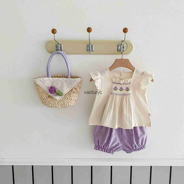 Conjuntos de roupas 2024 Summer Girls Cloths Cloths Conjunto de tulipe Bordado Meninas Terno de travessa e shorts 2 pcs