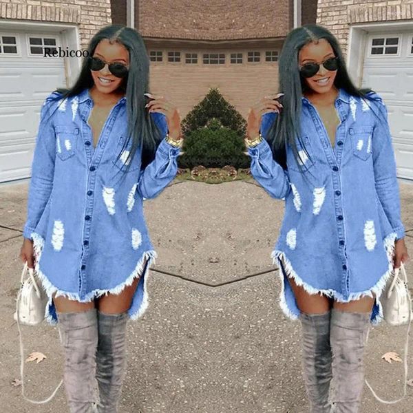 Abiti casual Donne vintage Denim Mini abito asimmetrico Abito sexy giù il collo a maniche lunghe a manica lunga camicia jeantido blu