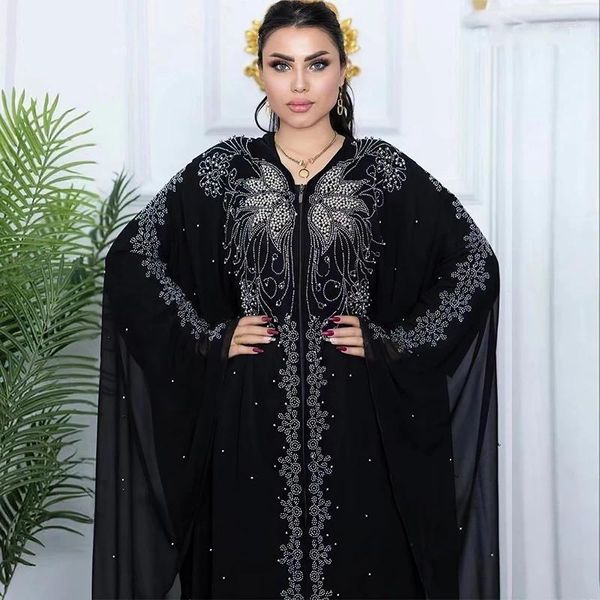 Abbigliamento etnico in chiffon nero con cappuccio Abayas Women Muslim Zipper Dress African Dashiki Dubai Turchia Caftan Caftan marocchina tradizionale