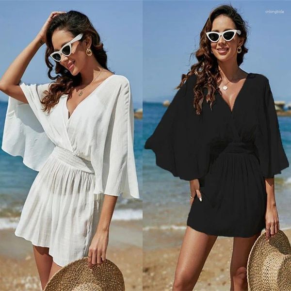 Wehello - 2024 Bamboo praia encobrir banda elástica Sexy Deep Vacury Sun Protection Shirt Bikini