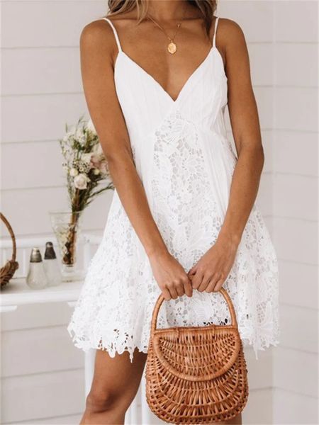 Summer White Dress White Women Women Sleeveless Deep V Neck Lace Ruffer A-Line Abiti casual Chic Female 240418