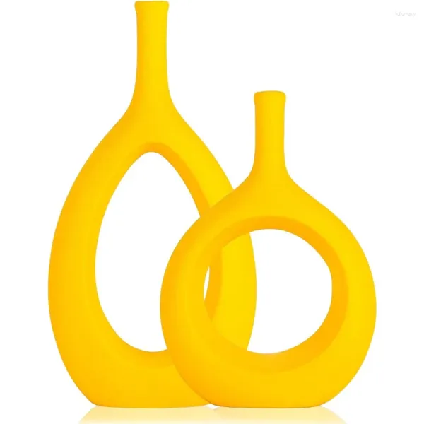Vasen Tischdekorationen gelb Keramik hohl elliptische Vase -Vase -Set von 2 - Boho -Kreis mit Loch für modernes Dekorhaus