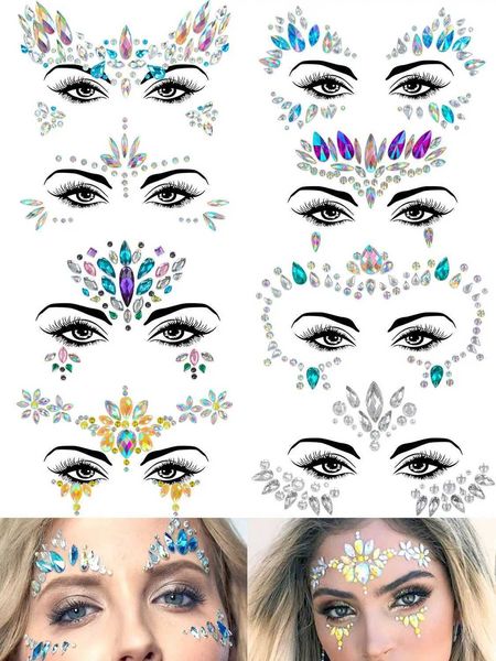 Tatuaggio Transfer 8pcs Festival Adesivi del Festival 3D Diamond Temporanea Tattoo Kids Show Makeup Halloween Party Face Face Gioielli Decorazione per tatuaggi 240427