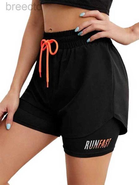 Shorts ativos sereia curva letra respirável gráfico 2 em 1 shorts esportivos mulheres rápida seca executando curto prateleira cintura fitness calça quente d240426