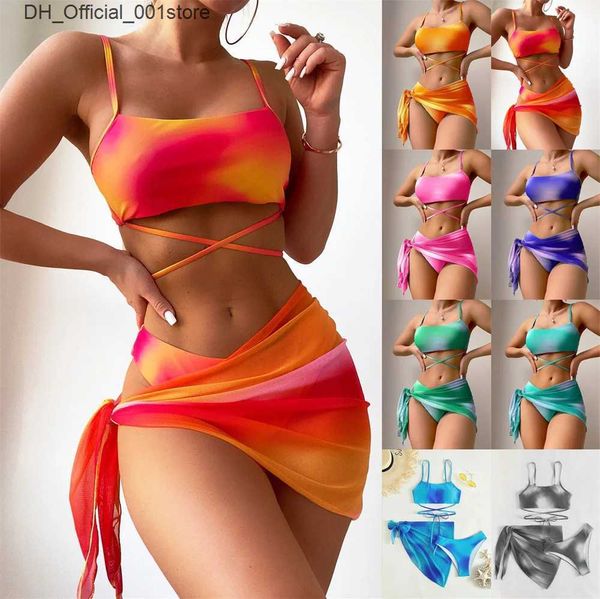 Set set set bikini fondo in mesh sci a tre pezzi set per sacca da donna per la spiaggia di copertura estiva costume da bagno sexy Sarong Lingerie Q240426