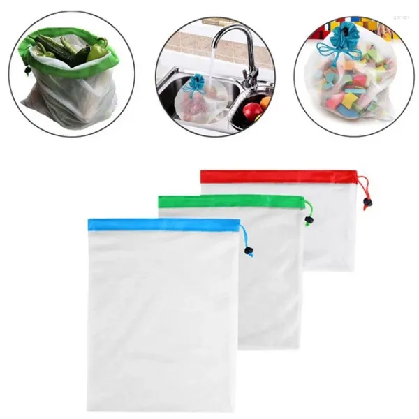 Drawstring 3pcs Yeniden Kullanılabilir Örgü Sebze Meyve Oyuncakları İçin Çantalar Üretme Çantaları Depolama Çantası Yıkanabilir Çanta Çevre Dostu Çekme Çekme Cepi