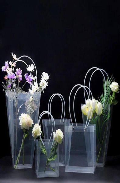 Clear Flower Buket Hediye Çantası Tapezoidal Plastik Depolama Çanta PVC Paketleme Çantaları Doğum Günü Partisi Tatil Çantaları Büyük Sargı Flor3808325