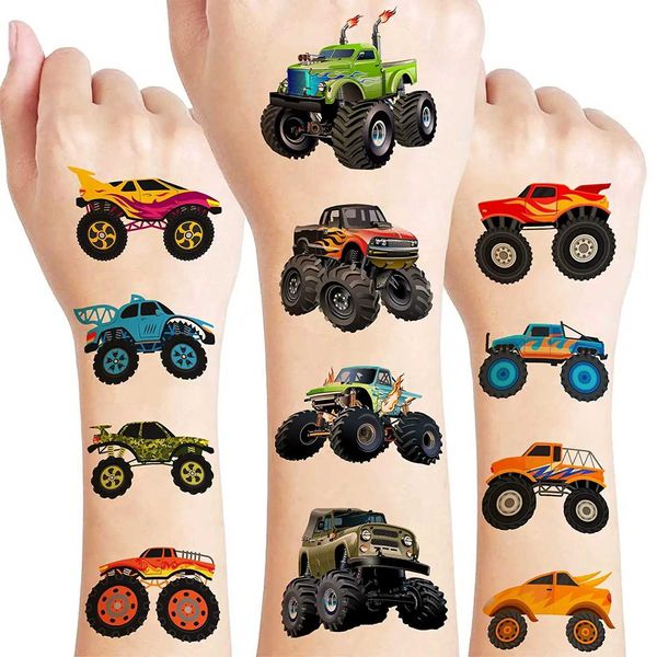 Tattoo Transfer Monster Truck Tattoos Tattoos Adesivos para crianças meninos Feliz aniversário Balões de caminhão de monstro Big Racing Party Foil Balloon 240426