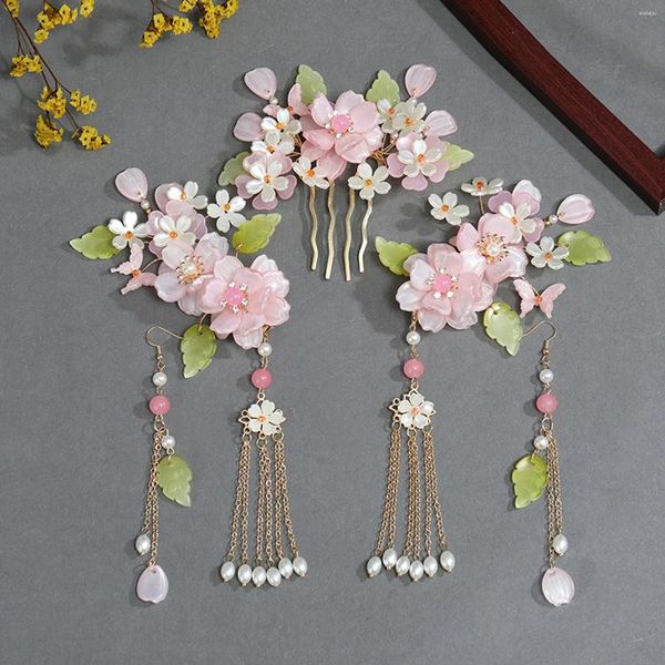 Haarklammern rosa Blumenkämme chinesischer Stil Haarnadeln Seitenfranschmuck Lange Quasten Ohrring Perlen Kopfstücke für Frauen Mädchen