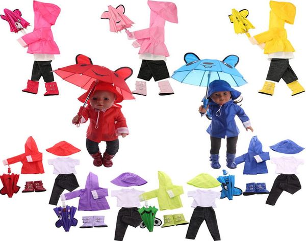 Regenmantelanzug 6 pcssetjacketumbrellabootshatpantsshirt fit 18 Zoll Amerikaner Doll43 cm Babypuppenkleidung Y206674675