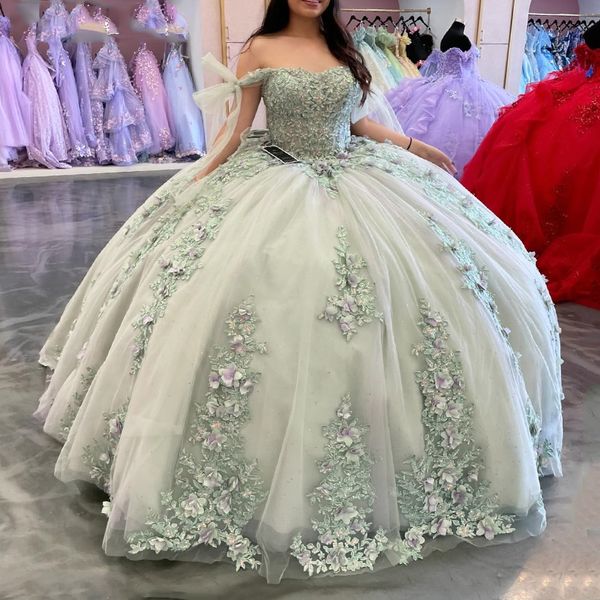 Hellgrüne Quinceanera Dress Ballkleid 2024 3d Blumenapplikationen Spitze Perlen Tull Corset süß 16 Vestido 15 de Anos