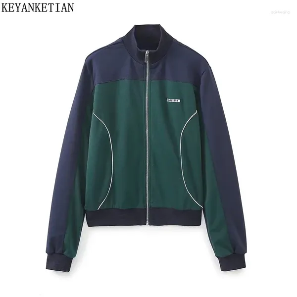 Damen Hoodies Keyanketian 2024 Start Preppy Style Kontraste Farben Reißverschluss Hoodie Patchwork Casual Spring Coat Top