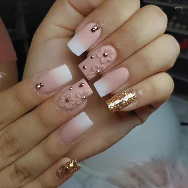 Nagelkunst Kits Gradient Pink niedliche Blume Diamant Wearable Nails Gentle Girl Finger Patch