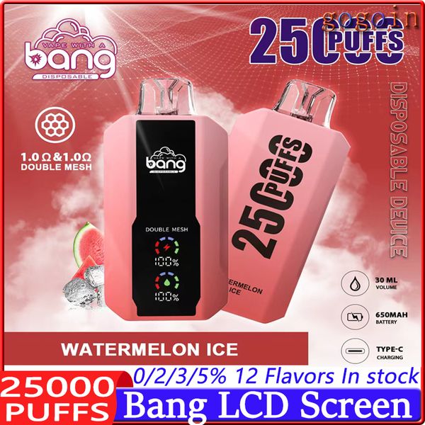 Bang 25000 puflar LCD ekran vape Tek kullanımlık elektronik sigara 30ml önceden doldurulmuş bölme çift örgü 650mAh şarj edilebilir pil kalemi 0% 2% 3% 5% Puff 25k 15k 12k 9k