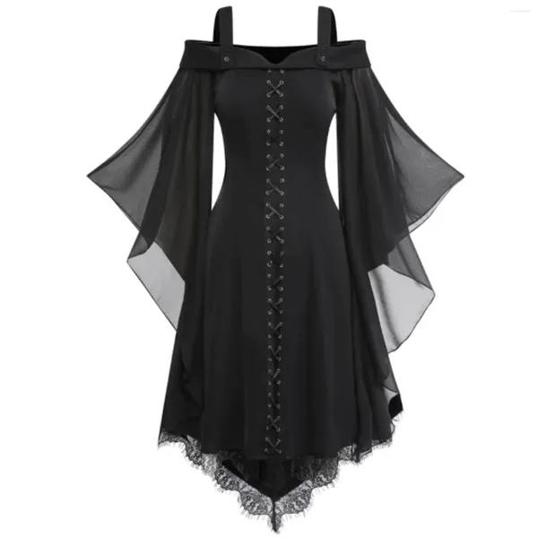 Abiti casual cosplay medievale Costumi di Halloween per donne Carnival Witch Victorian Dress Victorian Maniche Punk Gothic Punk Mesh Patchwork