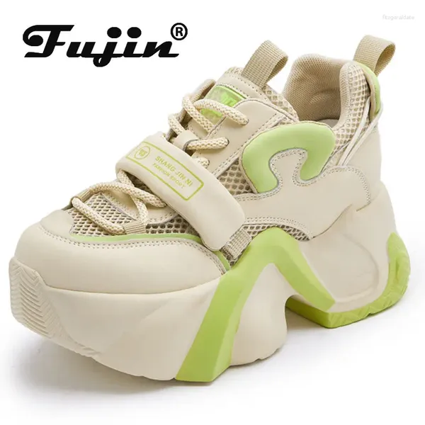 Sapatos casuais Fujin 8cm Mesh malha de ar vulcanizada verão respirável respirável em couro robusto tênis plataforma de salto de cunha