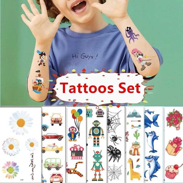 Tattoo Transfer 10pcs/Set farbige Übersetzung Tattoos Cartoon Anime Aufkleber Temporäres Kinder Tattoo Blumen Roboter Hai Cake Cars 240426
