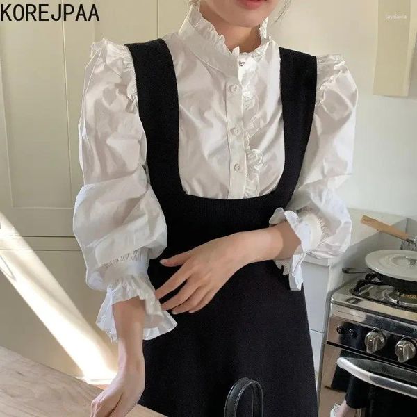 Abiti casual Korejpaa Stand Collar Shirt White Shirt White Shirt Strapless BodyCon Abito nero Office Lady Spring Women Abbigliamento