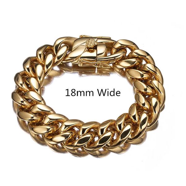 Mens Gold Color Aço inoxidável aço Cubano Link Miami Chain Bracelet Bolety Bangle Jóias Presente de Natal 18mm 711inch 240417