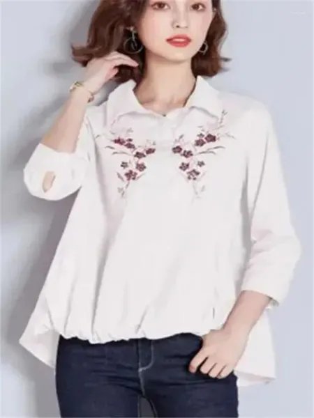 Camicette da donna camicia ricamata in cotone puro per donne pullover a tre quarti pullover a colori solidi topple top bluse