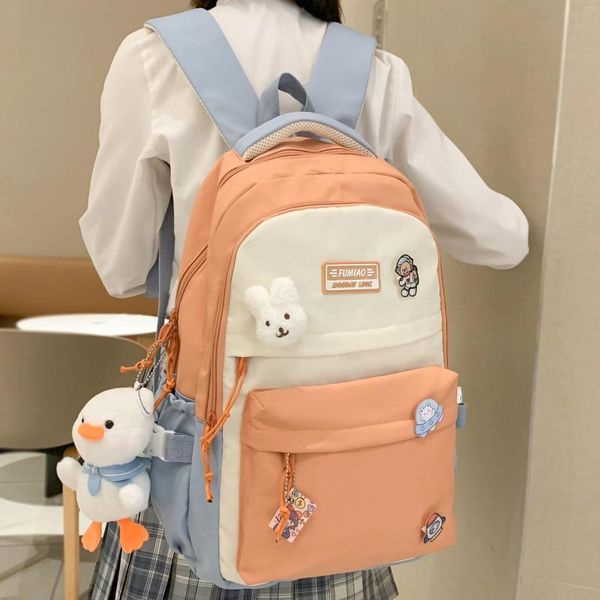 Bolsas escolares laptop de viagem Kawaii Backpack feminino Trexy Teenager Badge Book Bag Women Leisure Lady Nylon College Fashion