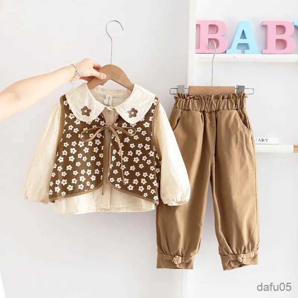 Set di abbigliamento Autunno neonate bambine abiti set bambini floreali da 3 pezzi abito senza maniche camicia a maniche lunghe e outfit pantalone