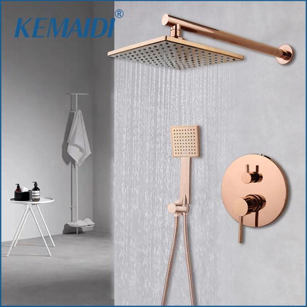 Kontrollen Kemaidi Solid Messing Roségolden Dusche Wasserhahn Niederschlag quadratische Kopfrosa Badewanne Dusch Set Wasserhahn Duschbadewanne Mixer