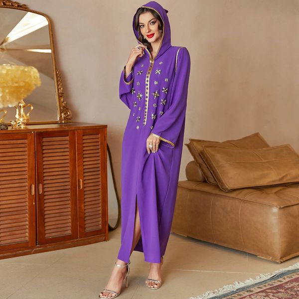 S-2xl Purple Abaya Dubai Turquia Vestido Hijab Muçulmano Galabia Roupas femininas Mulher Moda Festival Diamante brilhante 240415